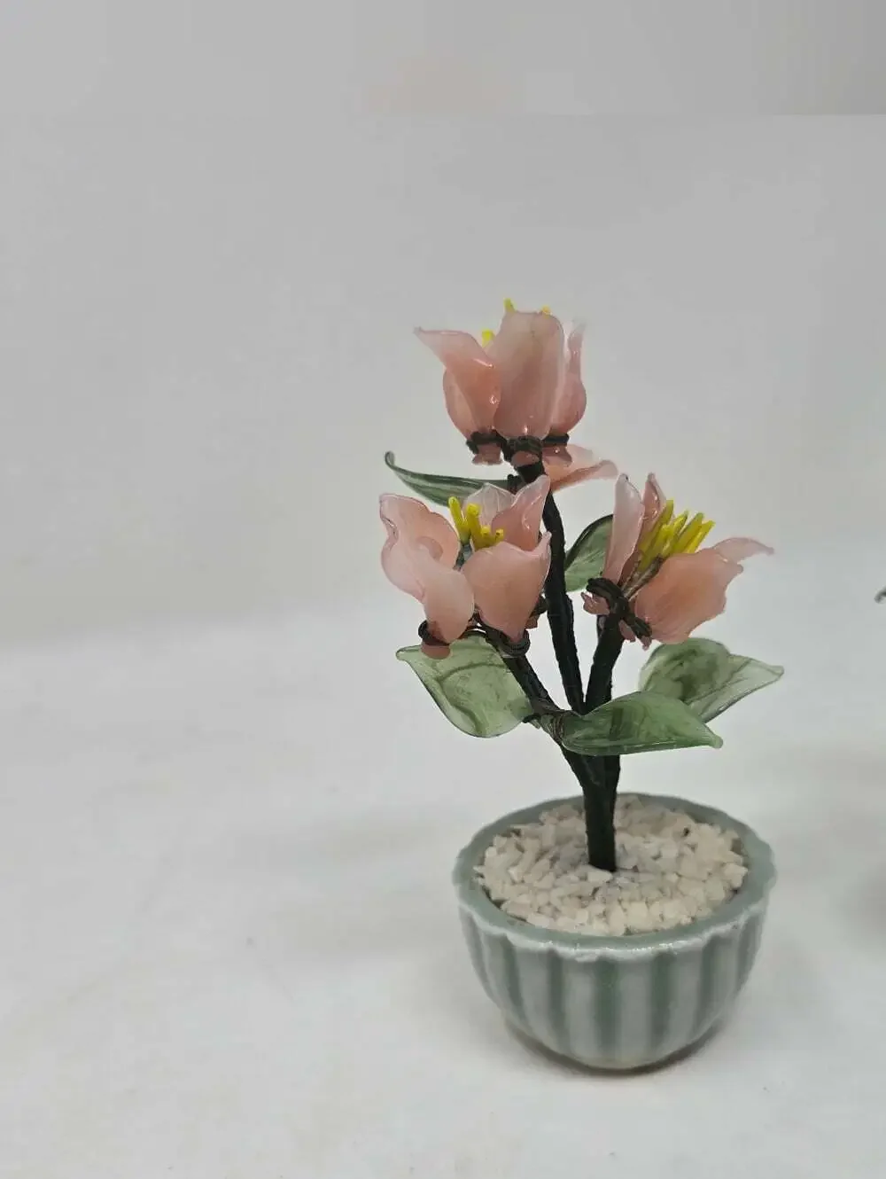 Vintage 80s Chinese Bonsai Tree Glass Wire Flowers Green Celadon Planter Pot